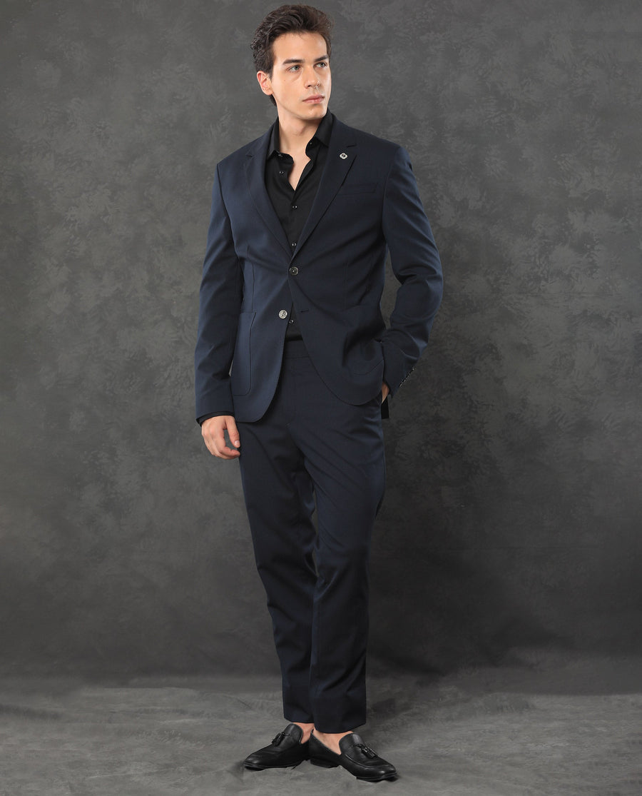 Rare Rabbit Men's Zanza Navy Polyester Plain Tailored Fit Full Sleeve Lapel Neck Suits