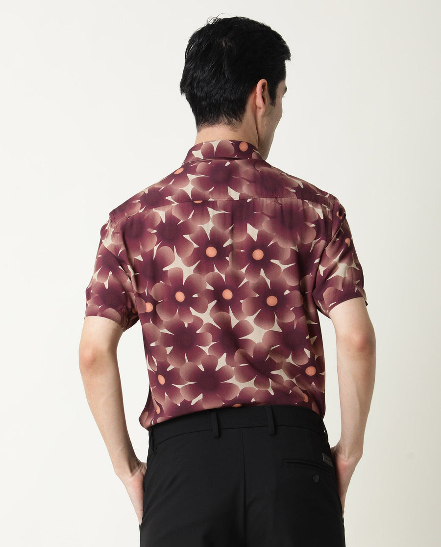 Rare Rabbit Men's Parles Brown Viscose Floral Print Regular Fit Half Sleeve Collared Shirt