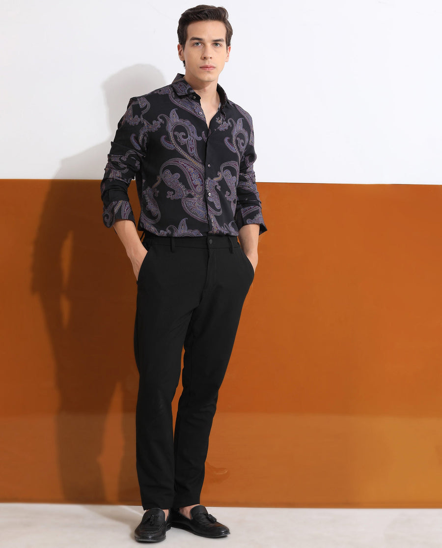 Rare Rabbit Men's Zeus Black Viscose Paisley Print Regular Fit Full Sleeve Collared Shirt
