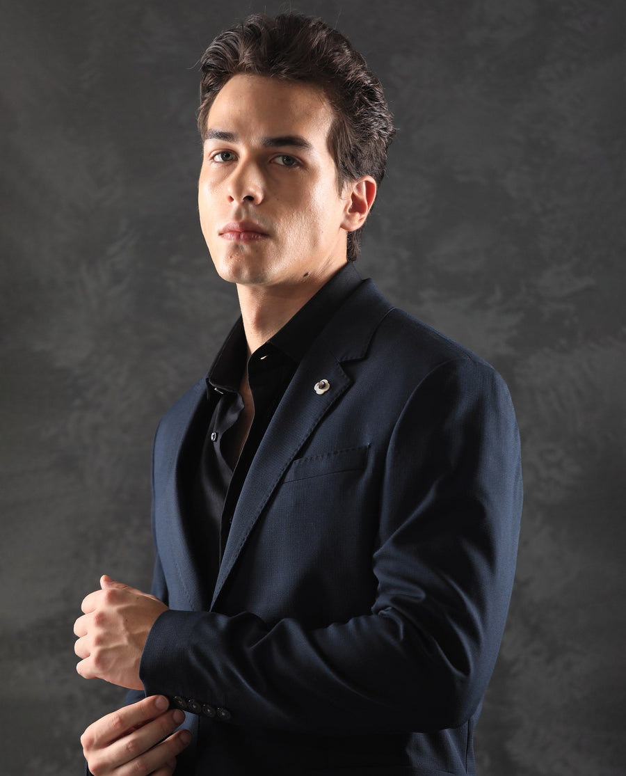 Rare Rabbit Men's Zanza Navy Polyester Plain Tailored Fit Full Sleeve Lapel Neck Suits