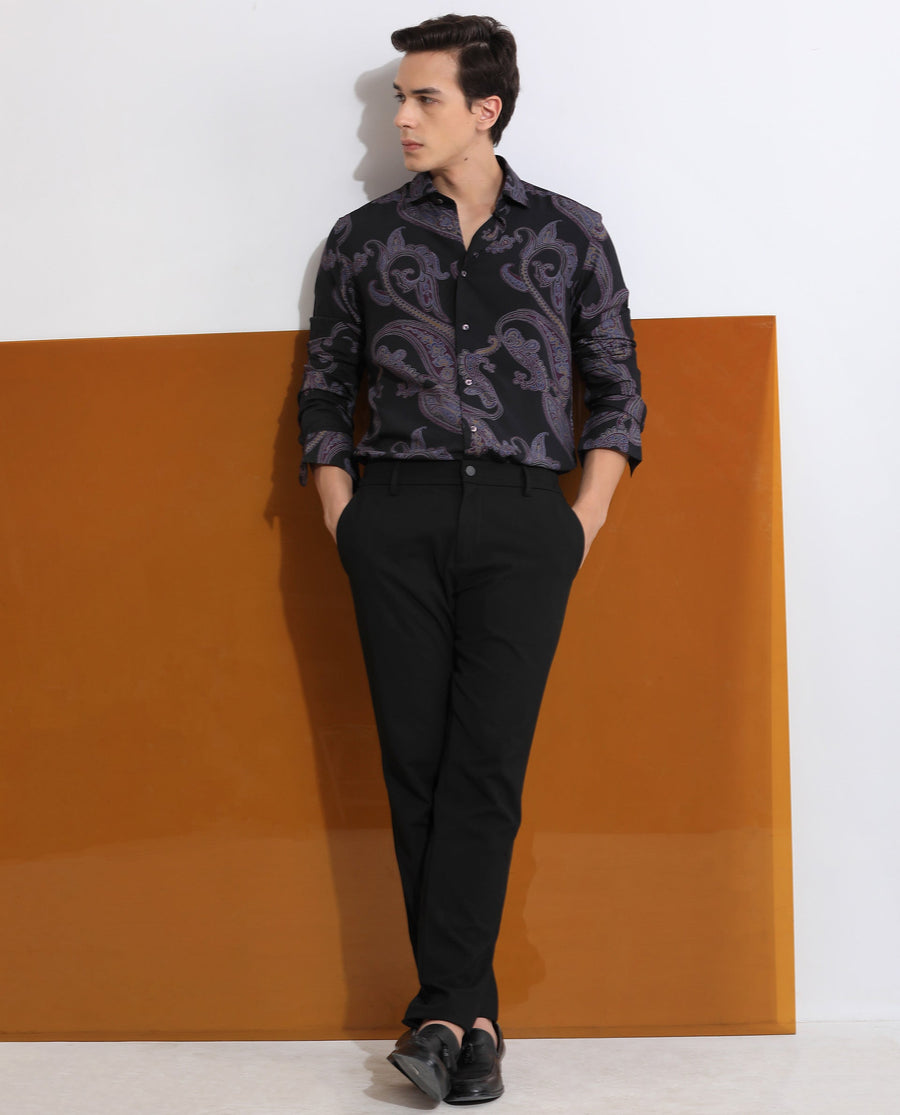 Rare Rabbit Men's Zeus Black Viscose Paisley Print Regular Fit Full Sleeve Collared Shirt