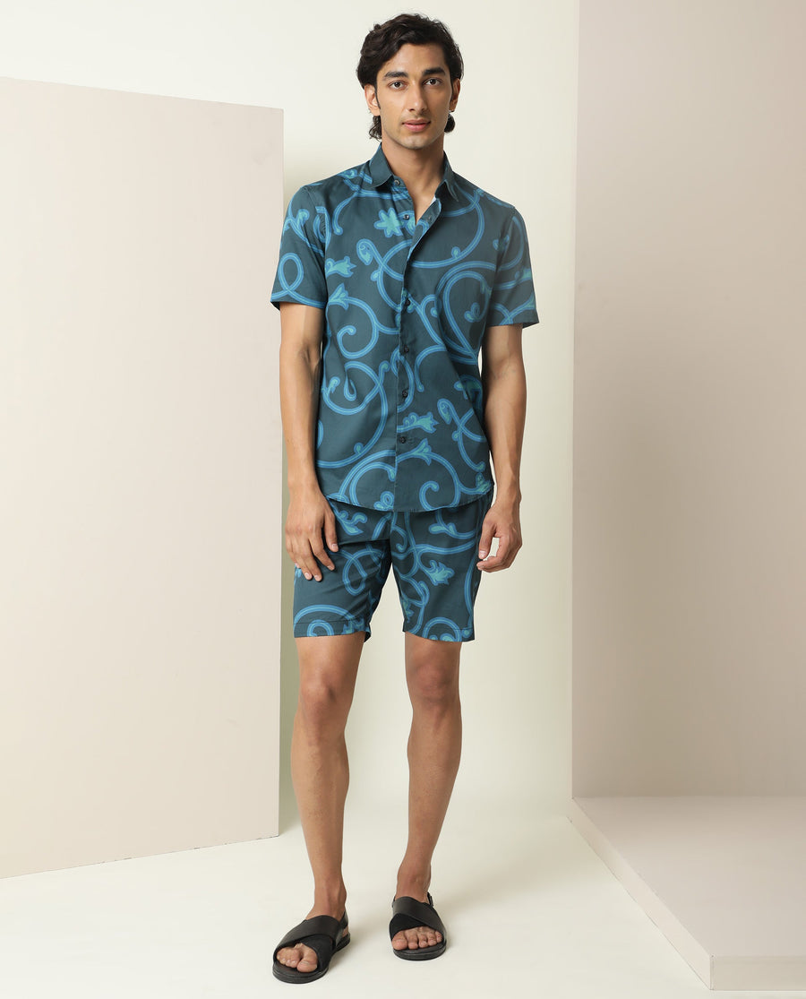 Rare Rabbit Men's Montil Petrol Cotton Abstract Print Regular Fit Half Sleeve Collared Shirt