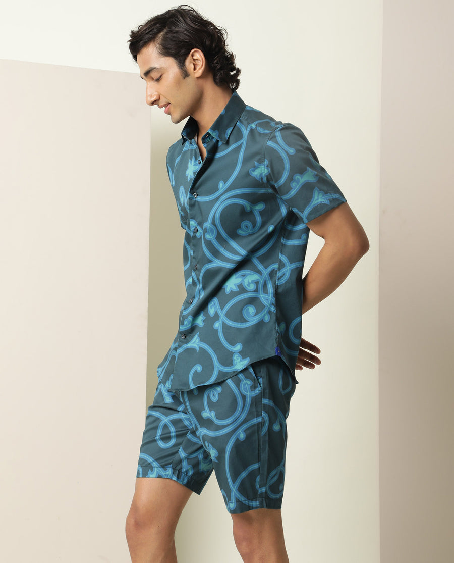 Rare Rabbit Men's Montil Petrol Cotton Abstract Print Regular Fit Half Sleeve Collared Shirt