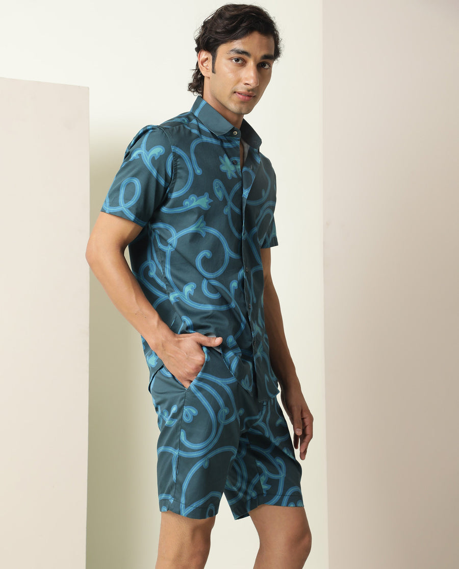 Rare Rabbit Men's Montil Petrol Cotton Abstract Print Regular Fit Half Sleeve Collared Shirt