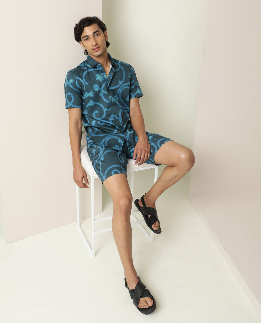 Rare Rabbit Men's Montil Petrol Cotton Abstract Print Regular Fit Half Sleeve Collared Shirt