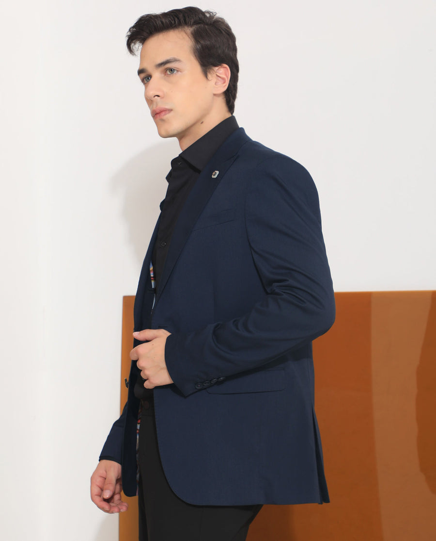 Rare Rabbit Men's Maroni Navy Cotton Plain Tailored Fit Full Sleeve Lapel Neck Blazer