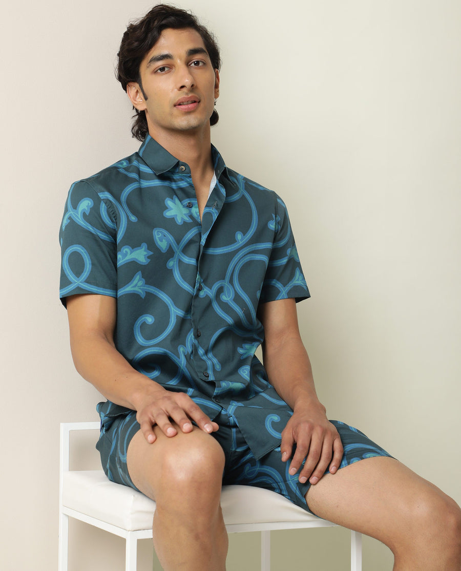 Rare Rabbit Men's Montil Petrol Cotton Abstract Print Regular Fit Half Sleeve Collared Shirt