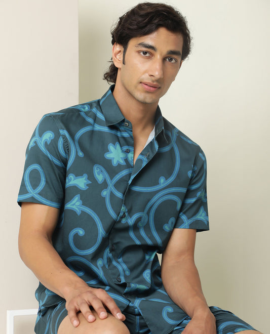 Rare Rabbit Men's Montil Petrol Cotton Abstract Print Regular Fit Half Sleeve Collared Shirt