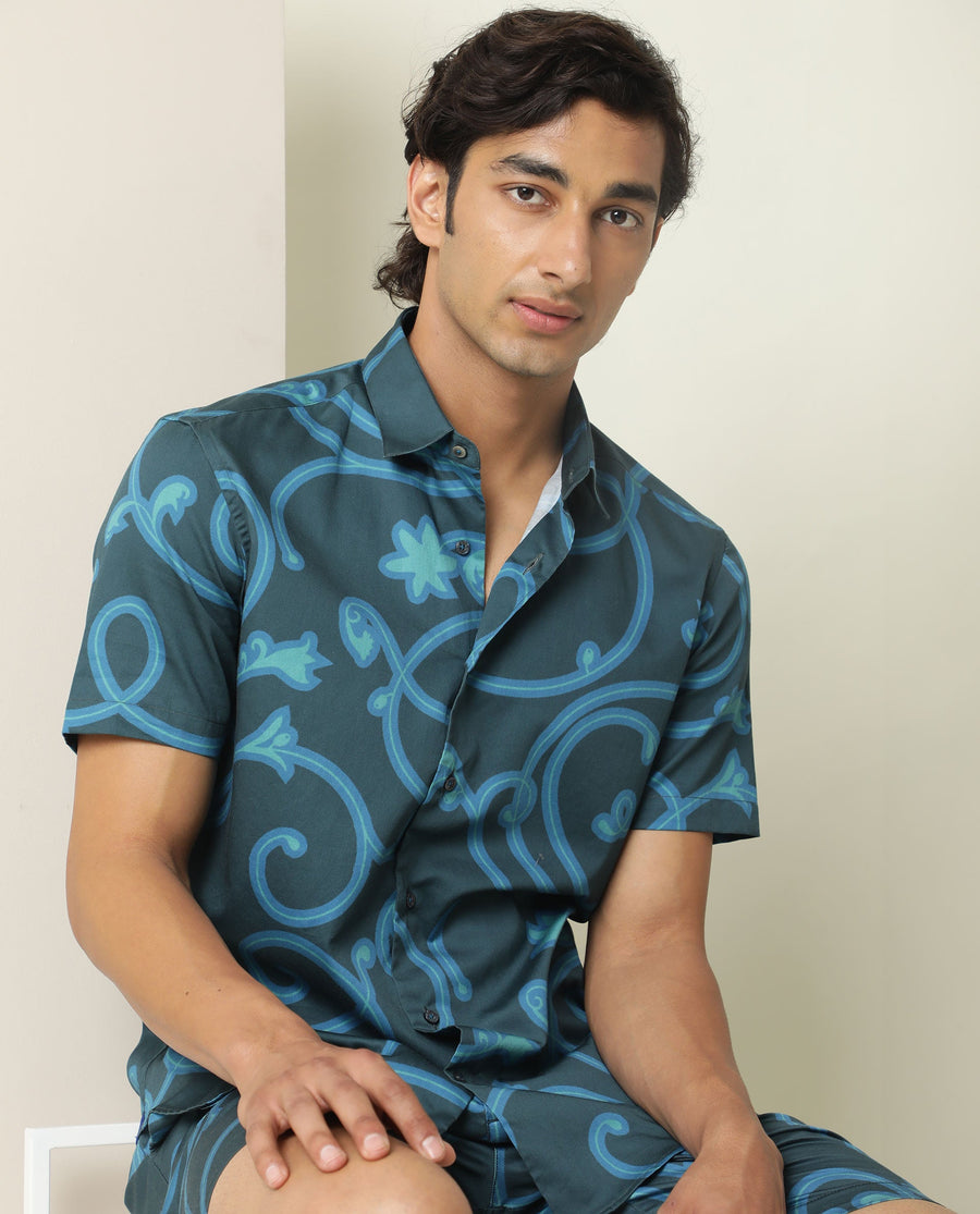 Rare Rabbit Men's Montil Petrol Cotton Abstract Print Regular Fit Half Sleeve Collared Shirt