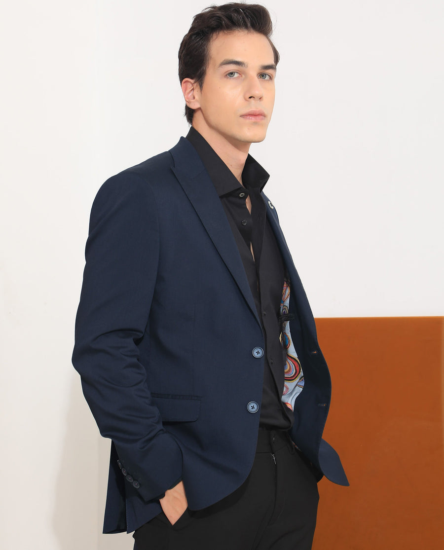 Rare Rabbit Men's Maroni Navy Cotton Plain Tailored Fit Full Sleeve Lapel Neck Blazer