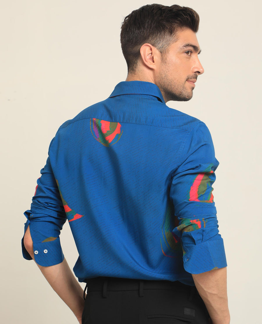 Rare Rabbit Men's Palme Blue Viscose Abstract Print Regular Fit Full Sleeve Collared Shirt