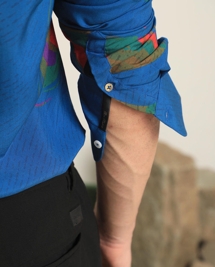 Rare Rabbit Men's Palme Blue Viscose Abstract Print Regular Fit Full Sleeve Collared Shirt