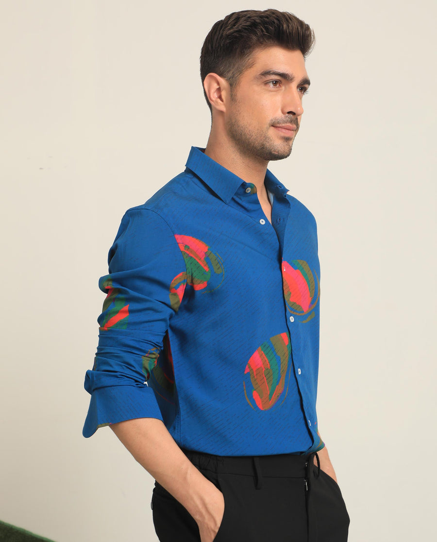 Rare Rabbit Men's Palme Blue Viscose Abstract Print Regular Fit Full Sleeve Collared Shirt