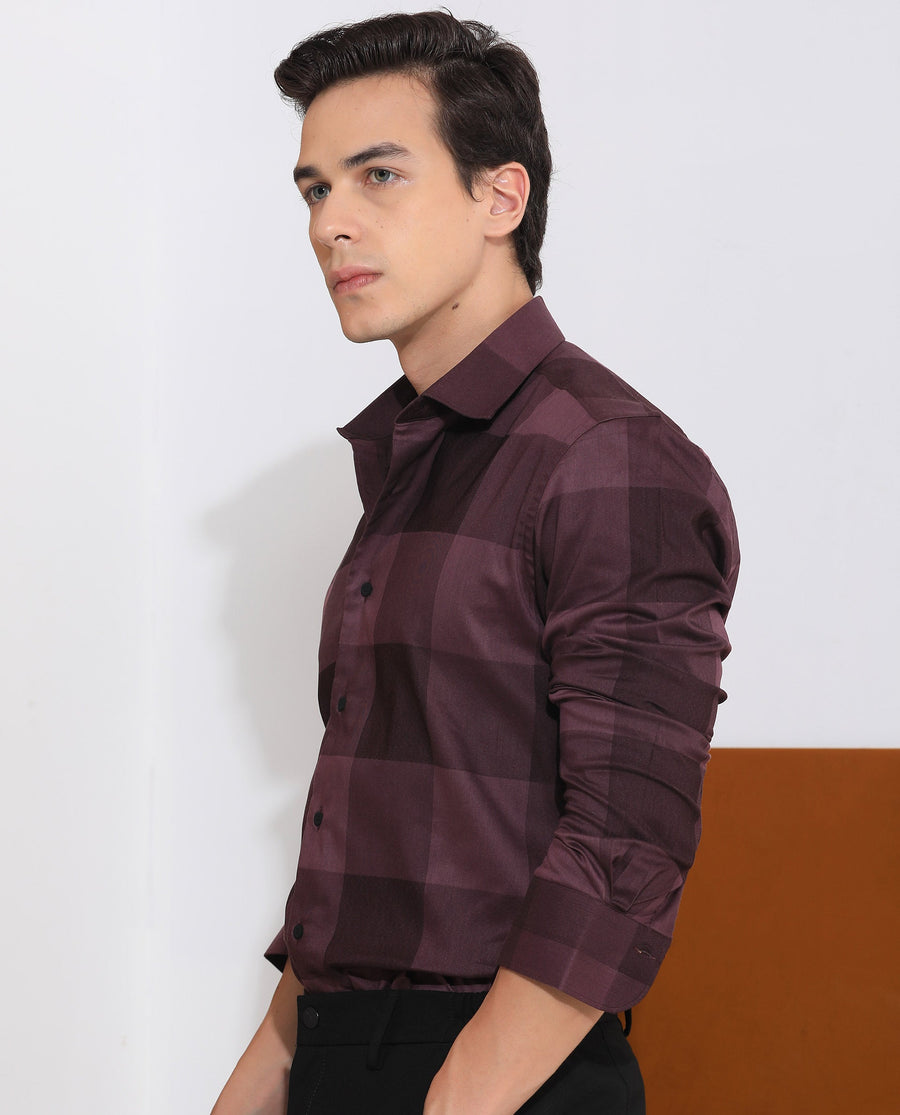 Rare Rabbit Men's Santhe Maroon Cotton Checked Print Regular Fit Full Sleeve Collared Shirt