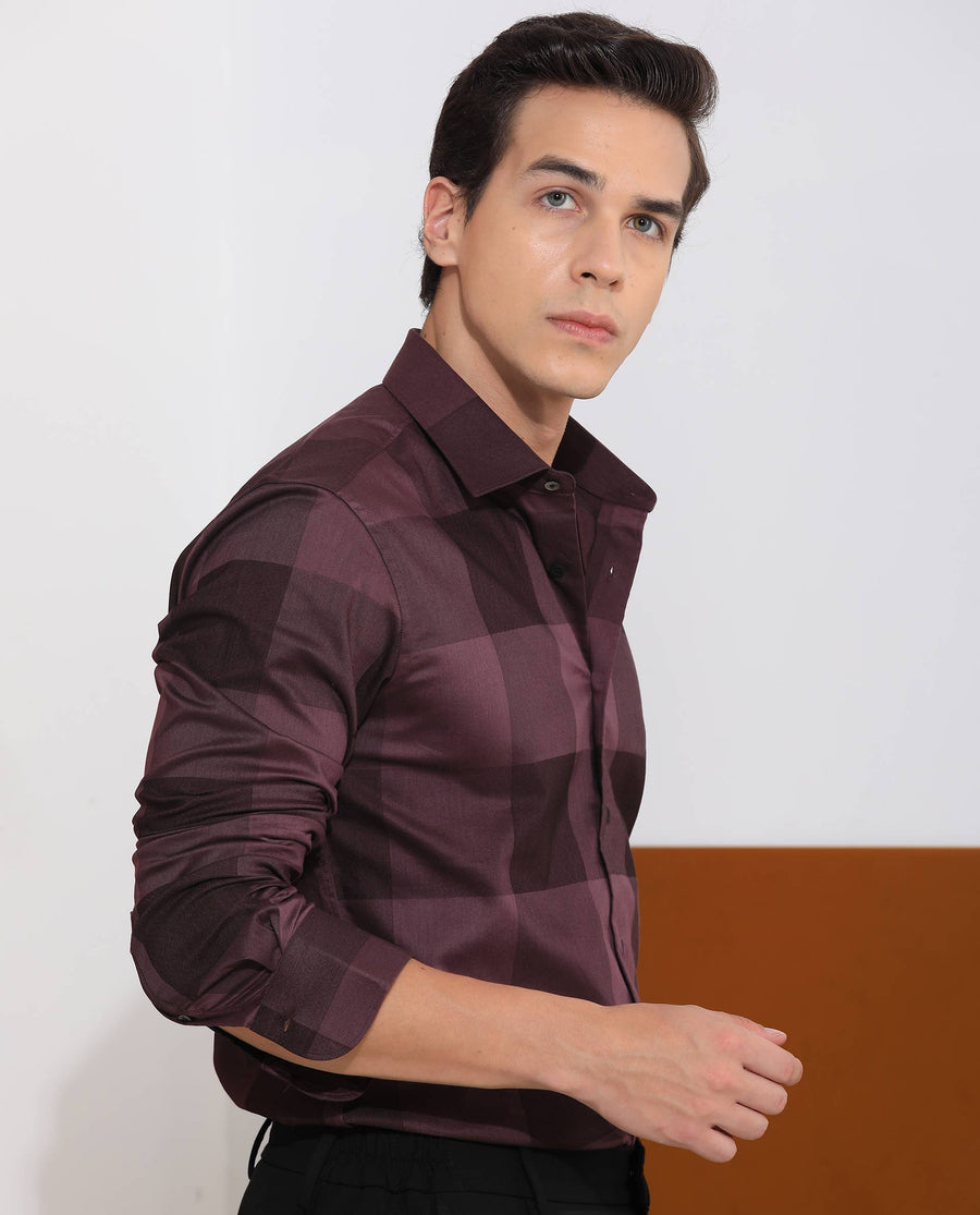 Rare Rabbit Men's Santhe Maroon Cotton Checked Print Regular Fit Full Sleeve Collared Shirt