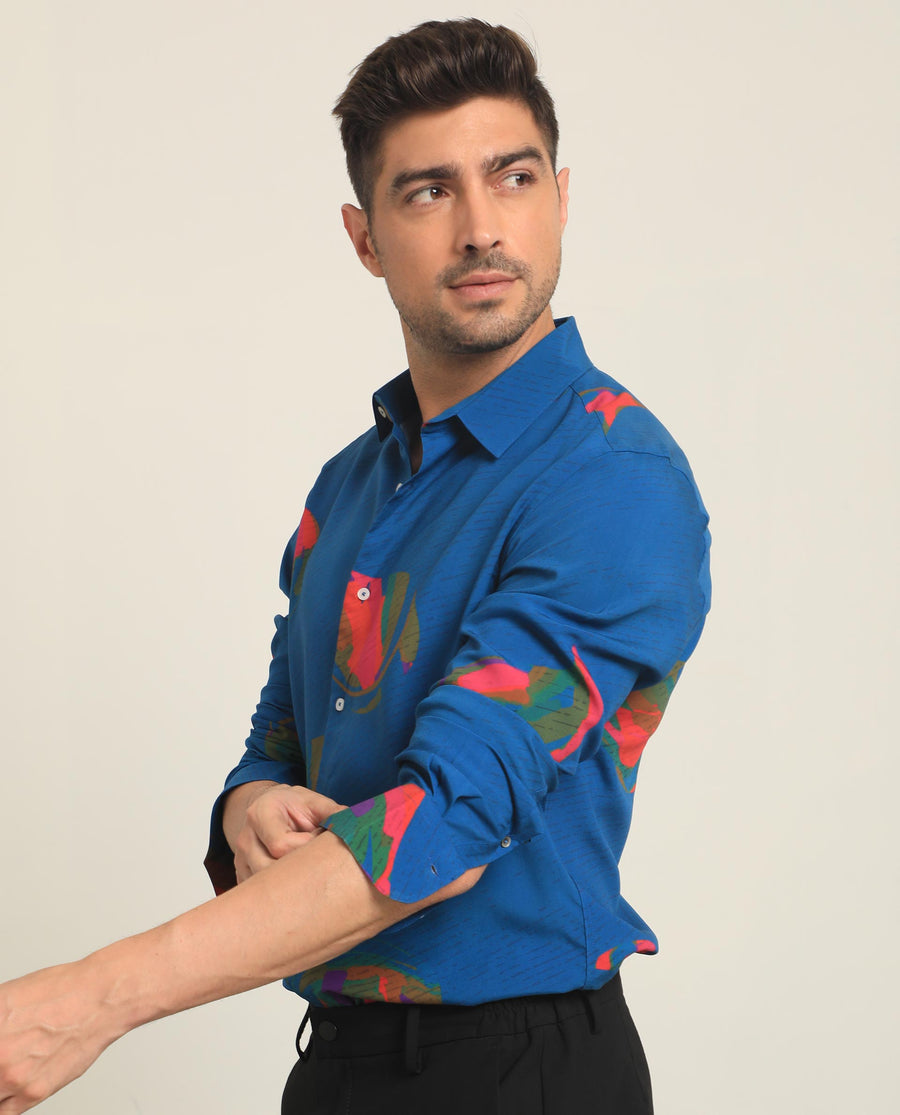 Rare Rabbit Men's Palme Blue Viscose Abstract Print Regular Fit Full Sleeve Collared Shirt