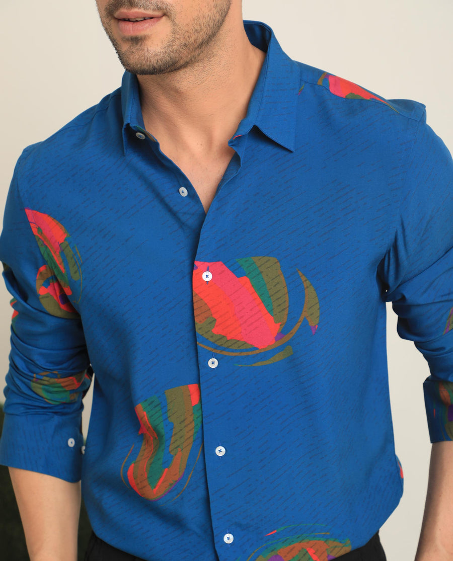 Rare Rabbit Men's Palme Blue Viscose Abstract Print Regular Fit Full Sleeve Collared Shirt