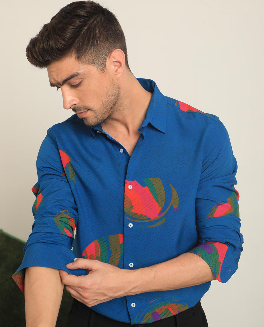 Rare Rabbit Men's Palme Blue Viscose Abstract Print Regular Fit Full Sleeve Collared Shirt