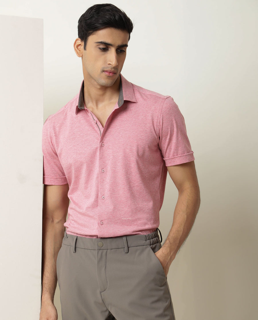 Rare Rabbit Men's Miraj Pink Cotton Plain Regular Fit Half Sleeve Collared Shirt