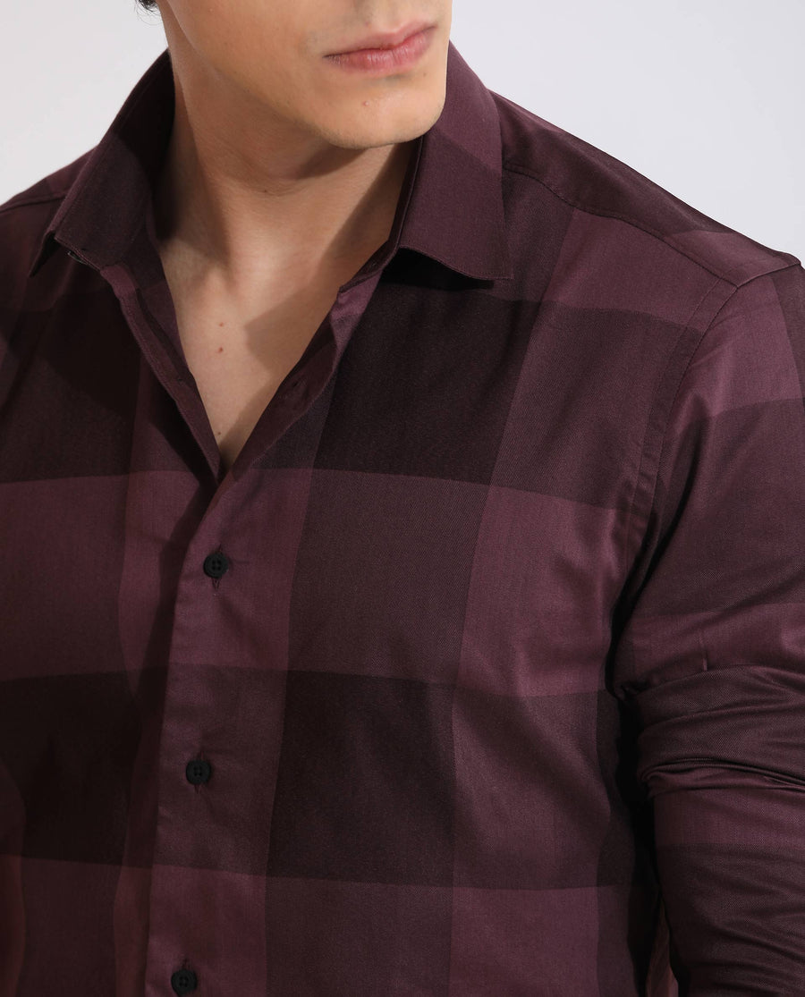 Rare Rabbit Men's Santhe Maroon Cotton Checked Print Regular Fit Full Sleeve Collared Shirt