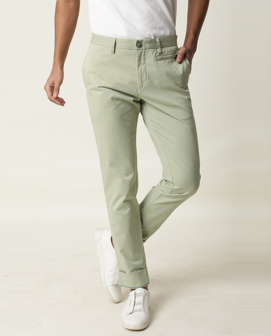 Rare Rabbit Men's Clovey Green Cotton Plain Slim Fit Trouser