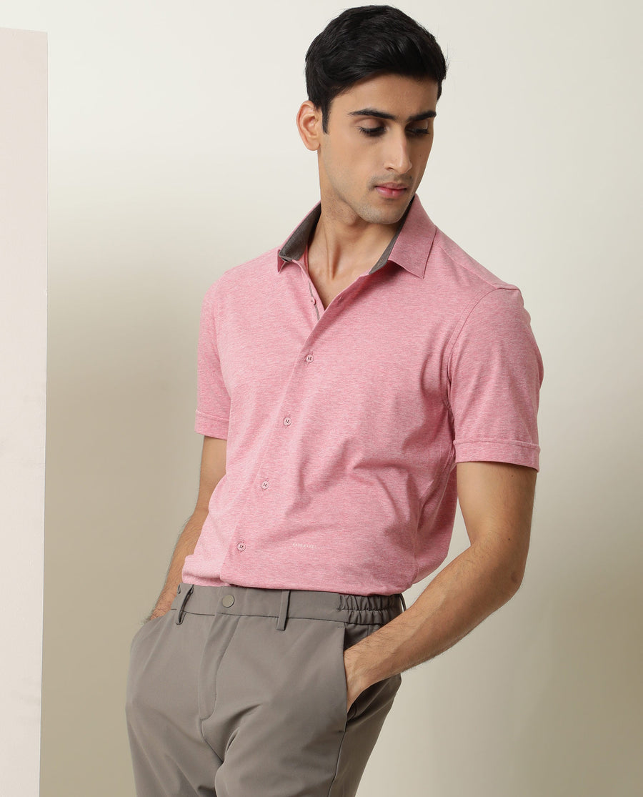 Rare Rabbit Men's Miraj Pink Cotton Plain Regular Fit Half Sleeve Collared Shirt