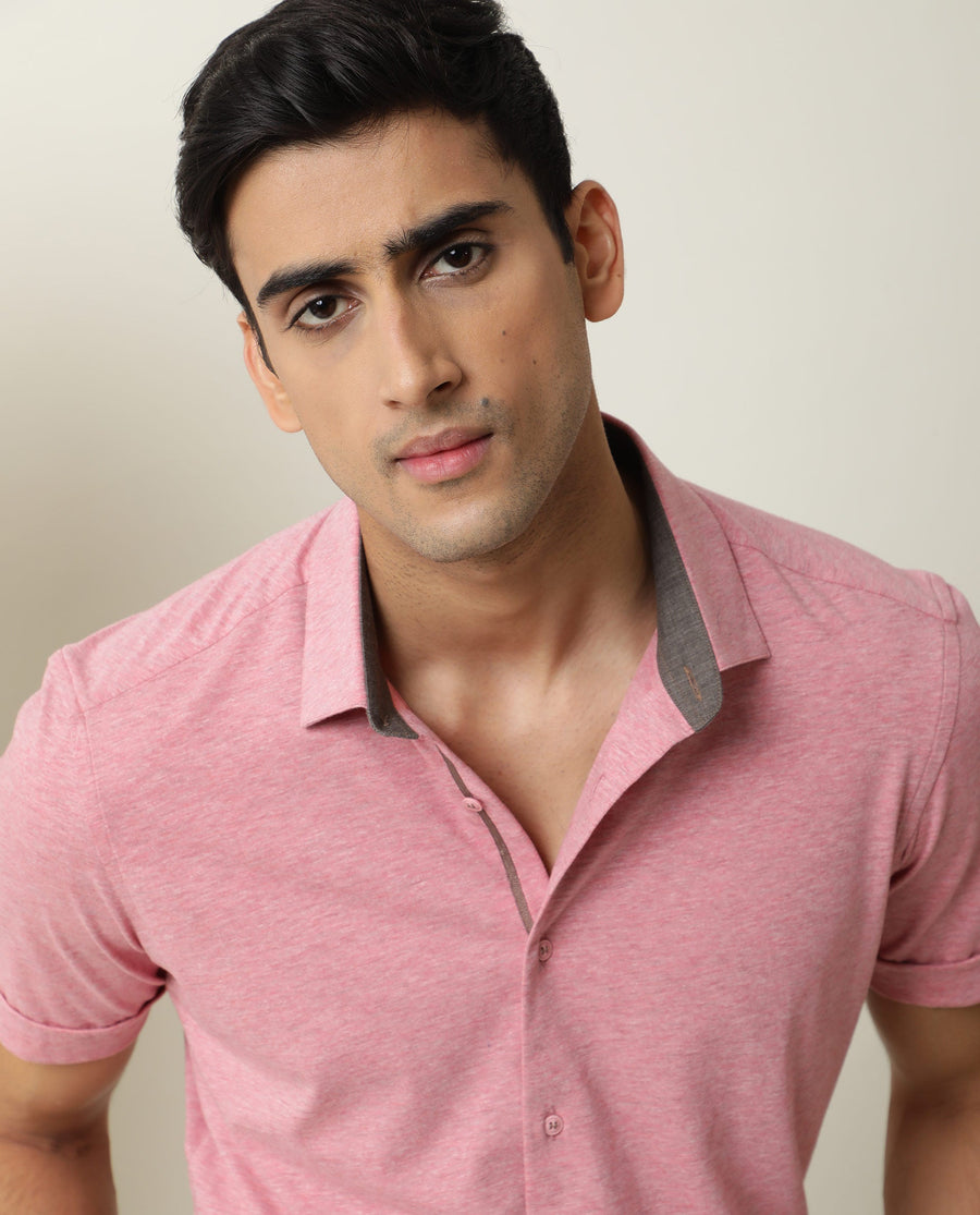 Rare Rabbit Men's Miraj Pink Cotton Plain Regular Fit Half Sleeve Collared Shirt
