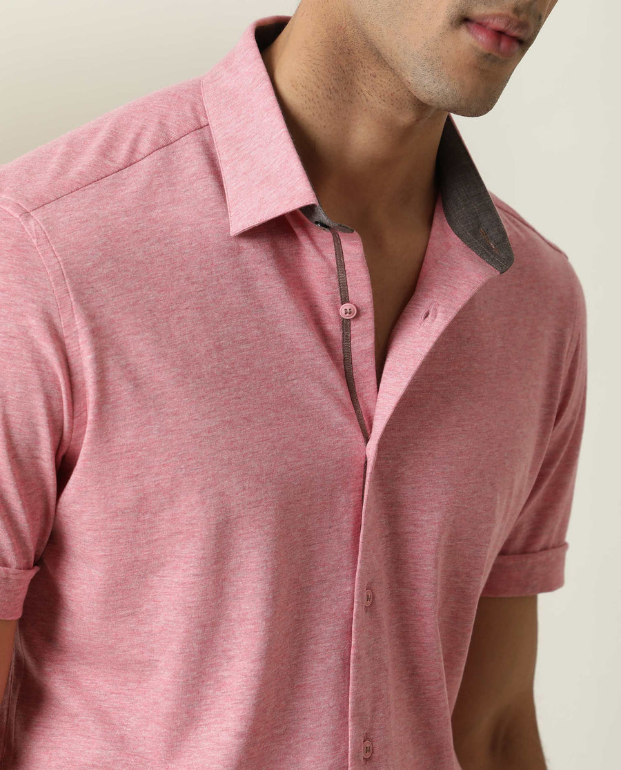 Rare Rabbit Men's Miraj Pink Cotton Plain Regular Fit Half Sleeve Collared Shirt