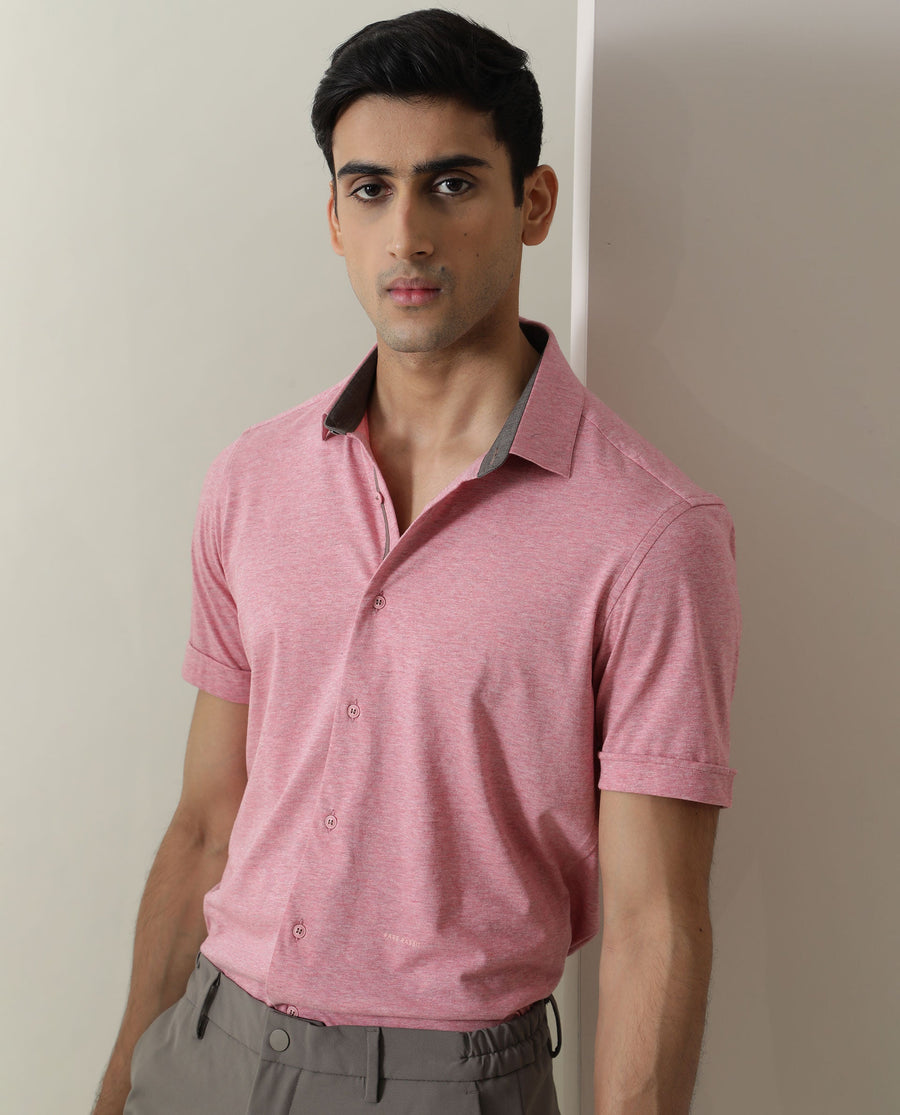 Rare Rabbit Men's Miraj Pink Cotton Plain Regular Fit Half Sleeve Collared Shirt