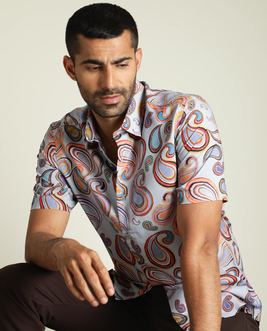 Rare Rabbit Men's Marsh Ss- Blue Viscose Paisley Print Regular Fit Half Sleeve Collared Shirt