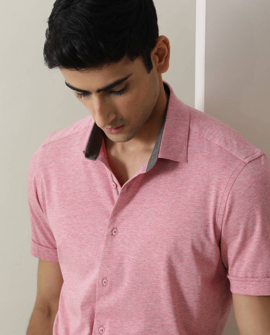 Rare Rabbit Men's Miraj Pink Cotton Plain Regular Fit Half Sleeve Collared Shirt