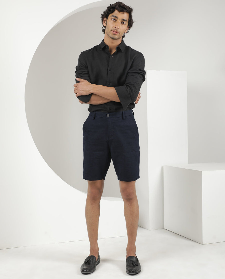 Rare Rabbit Men's Jaky Navy Cotton Jacquard Regular Fit Shorts
