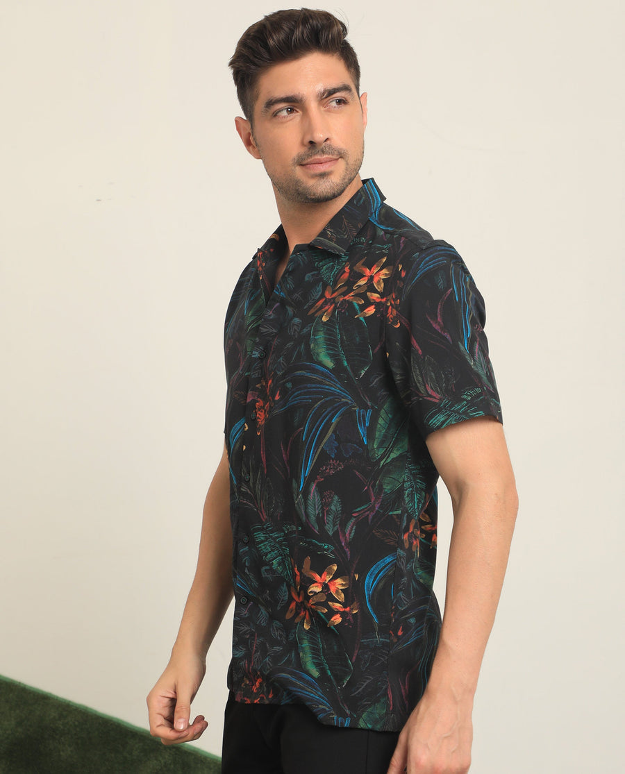 Rare Rabbit Men's Dabney Black Viscose Tropical Print Regular Fit Half Sleeve Collared Shirt