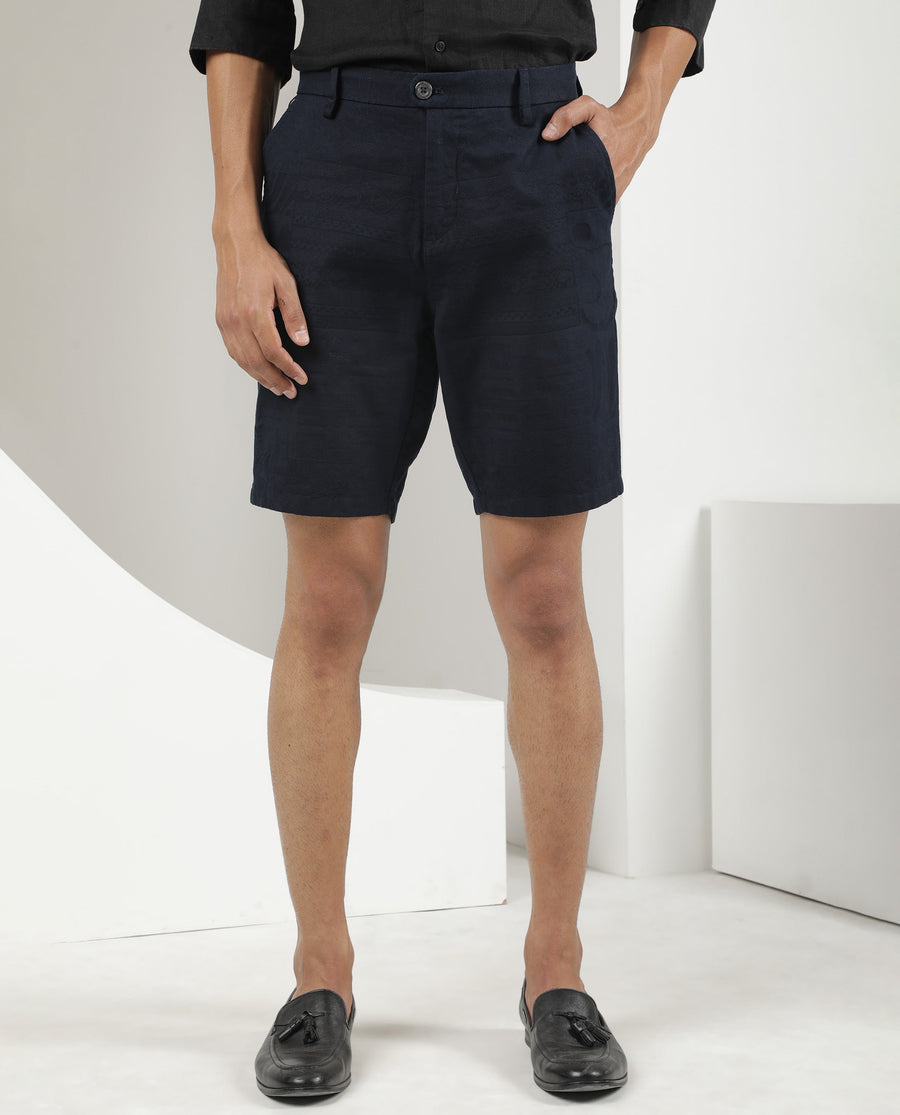 Rare Rabbit Men's Jaky Navy Cotton Jacquard Regular Fit Shorts