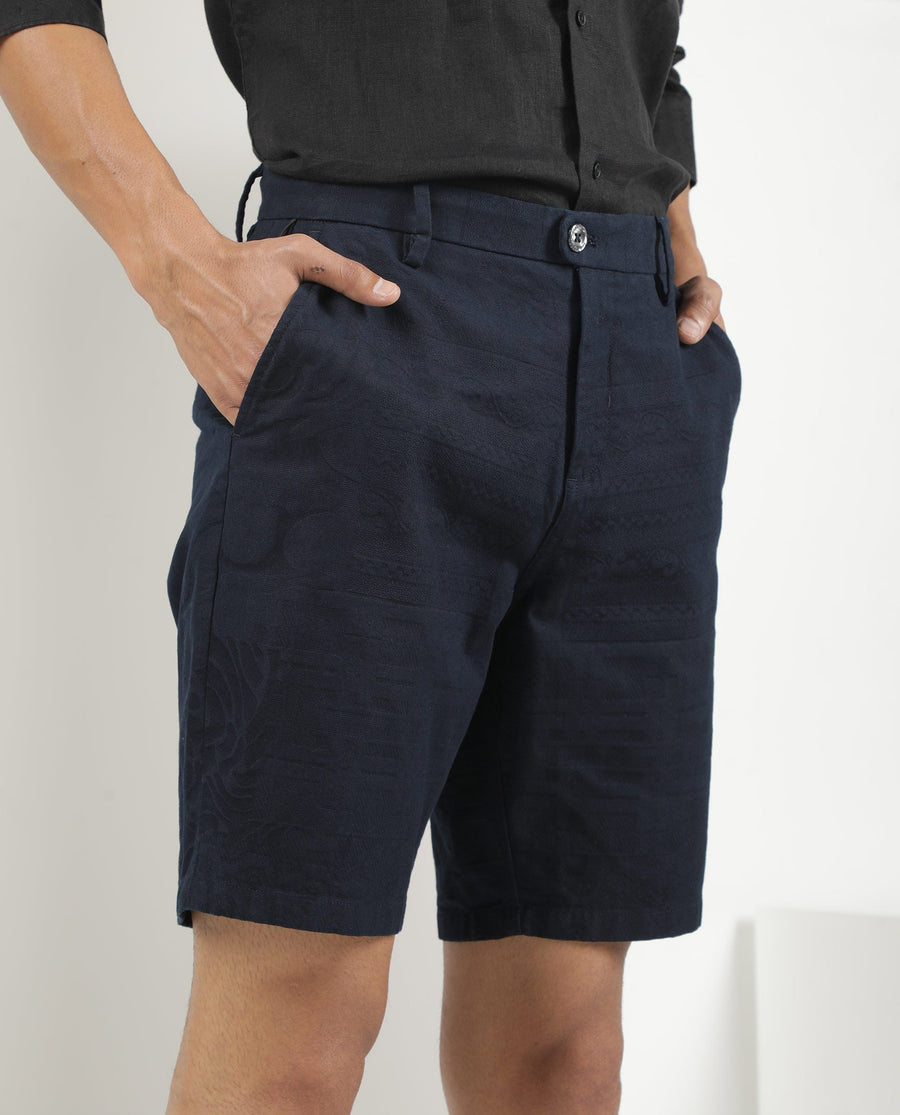 Rare Rabbit Men's Jaky Navy Cotton Jacquard Regular Fit Shorts