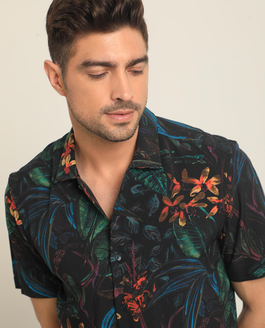 Rare Rabbit Men's Dabney Black Viscose Tropical Print Regular Fit Half Sleeve Collared Shirt