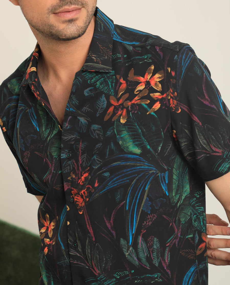 Rare Rabbit Men's Dabney Black Viscose Tropical Print Regular Fit Half Sleeve Collared Shirt