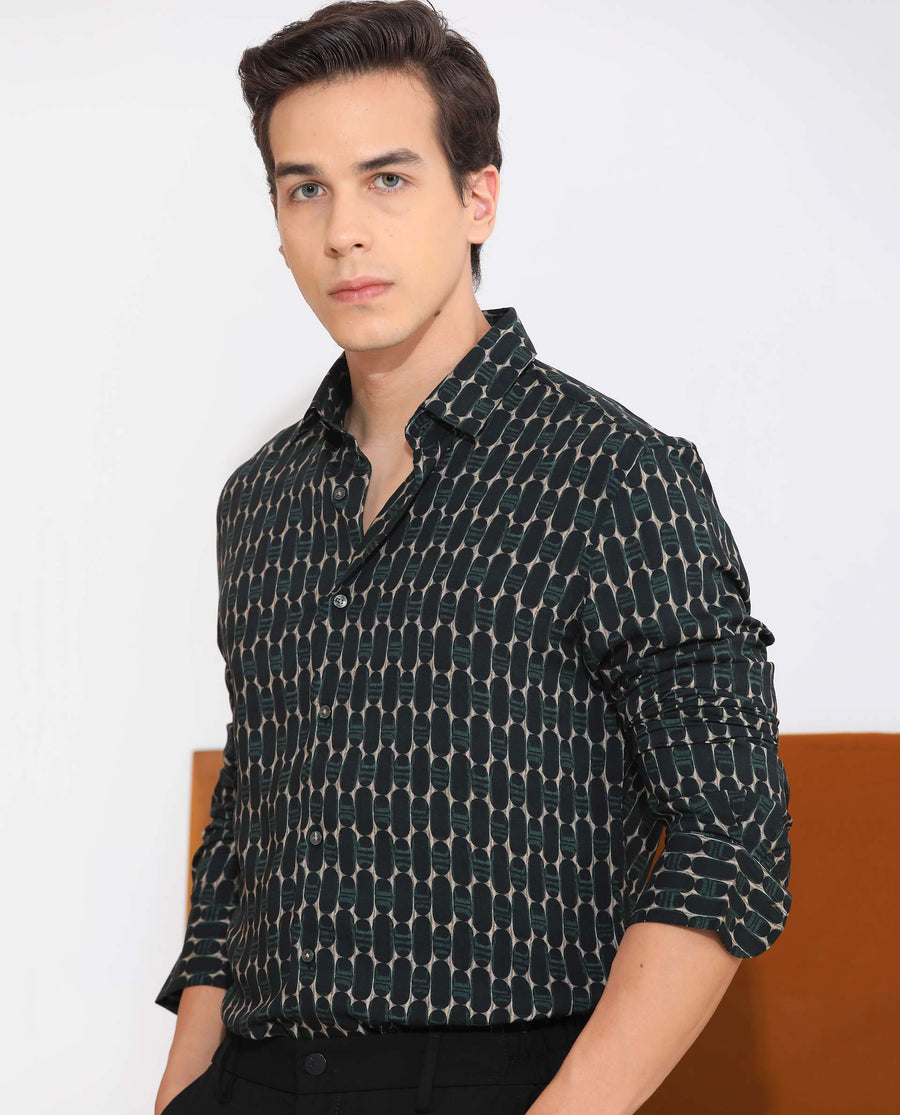 Rare Rabbit Men's Oliver Green Viscose Geometric Print Regular Fit Full Sleeve Collared Shirt