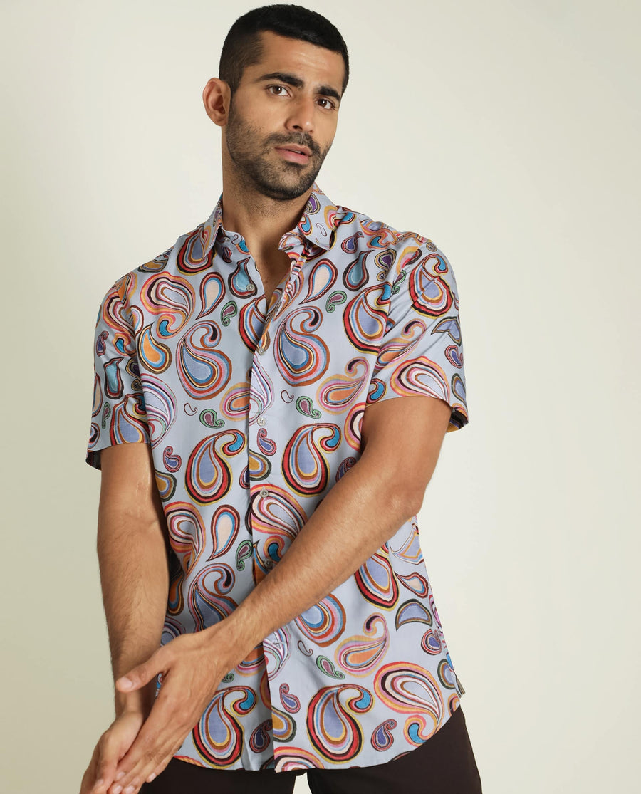 Rare Rabbit Men's Marsh Ss- Blue Viscose Paisley Print Regular Fit Half Sleeve Collared Shirt