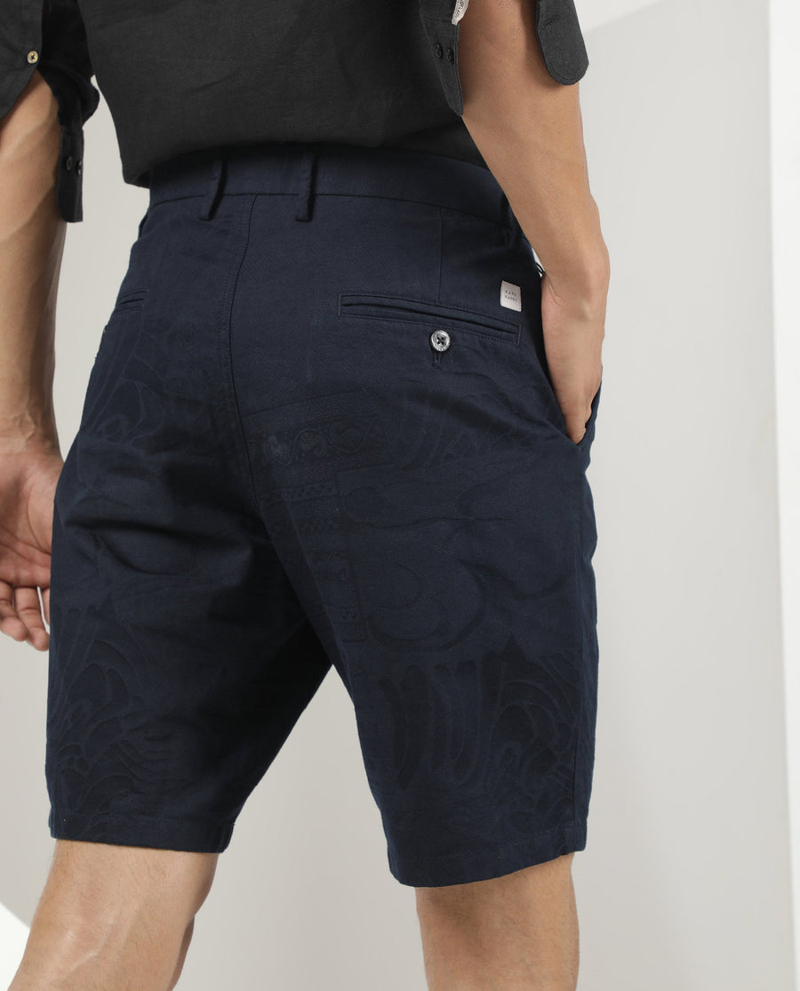 Rare Rabbit Men's Jaky Navy Cotton Jacquard Regular Fit Shorts
