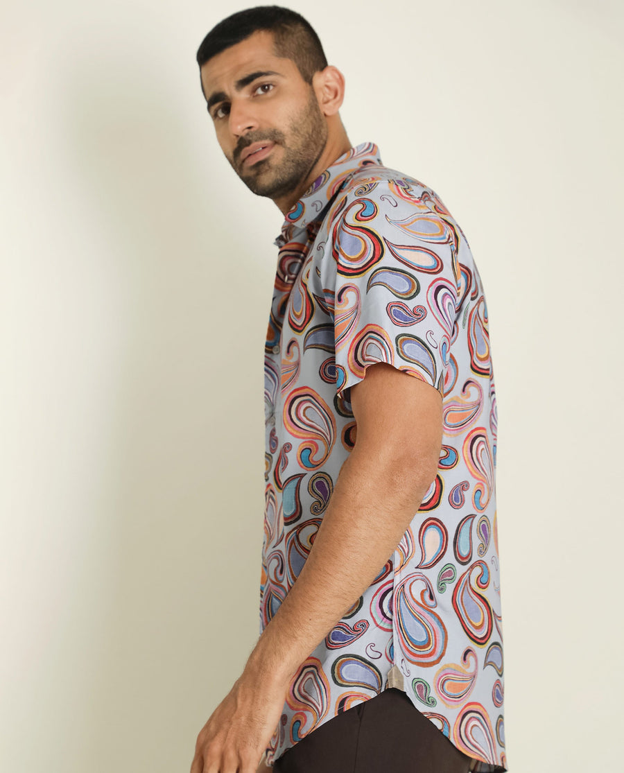 Rare Rabbit Men's Marsh Ss- Blue Viscose Paisley Print Regular Fit Half Sleeve Collared Shirt