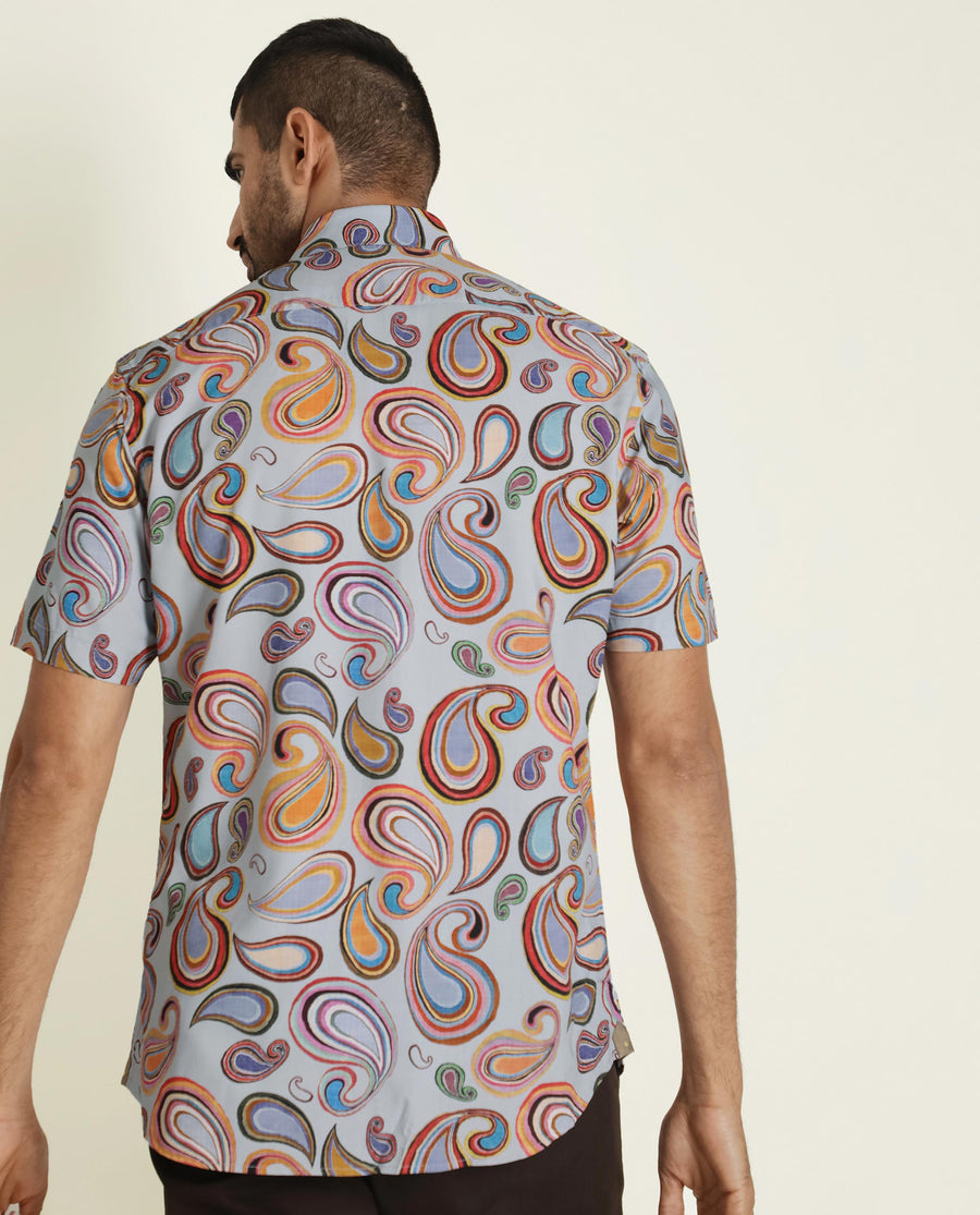 Rare Rabbit Men's Marsh Ss- Blue Viscose Paisley Print Regular Fit Half Sleeve Collared Shirt