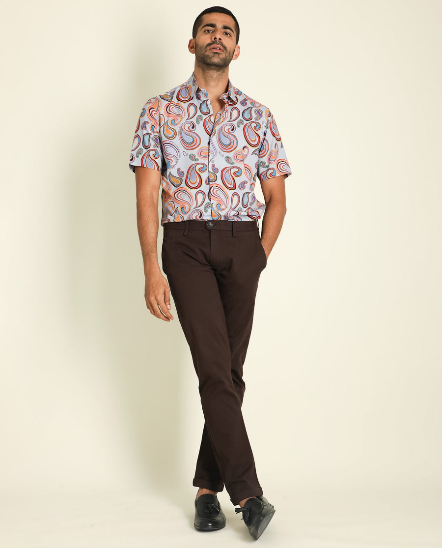 Rare Rabbit Men's Marsh Ss- Blue Viscose Paisley Print Regular Fit Half Sleeve Collared Shirt