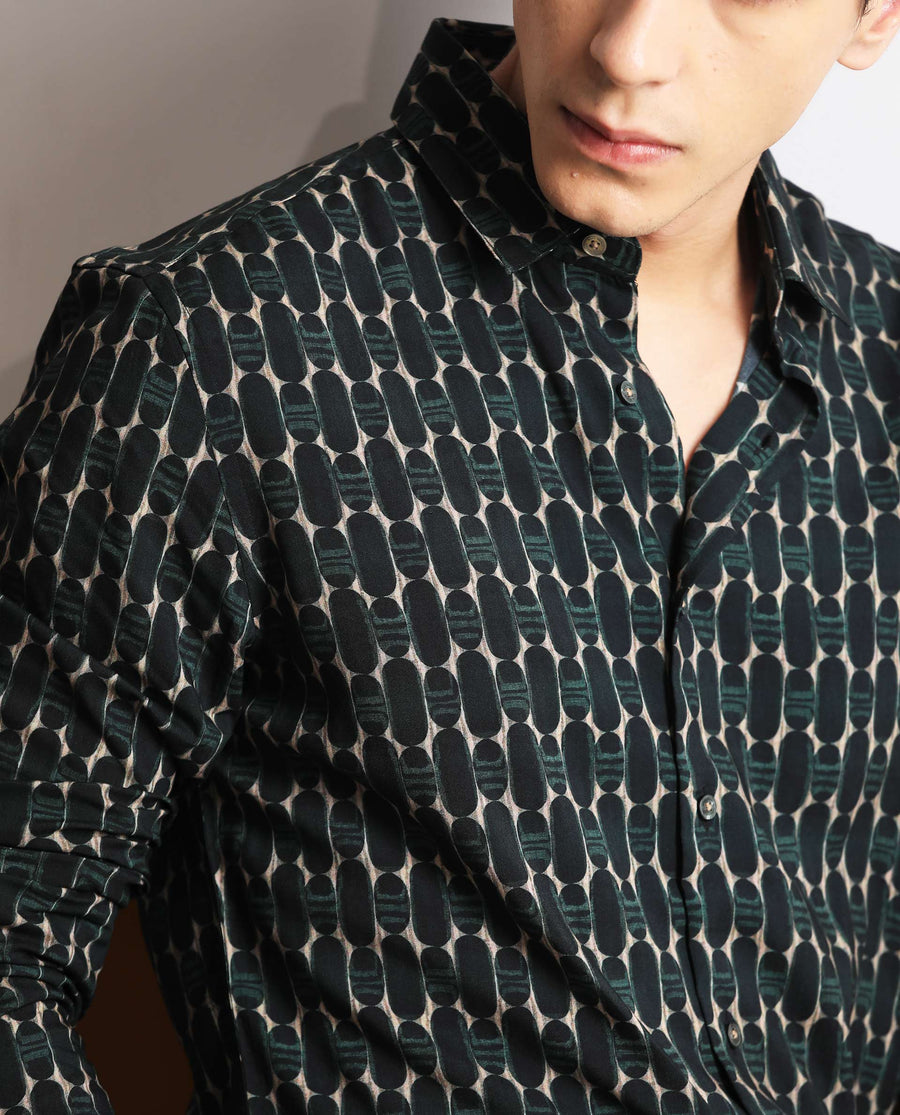 Rare Rabbit Men's Oliver Green Viscose Geometric Print Regular Fit Full Sleeve Collared Shirt