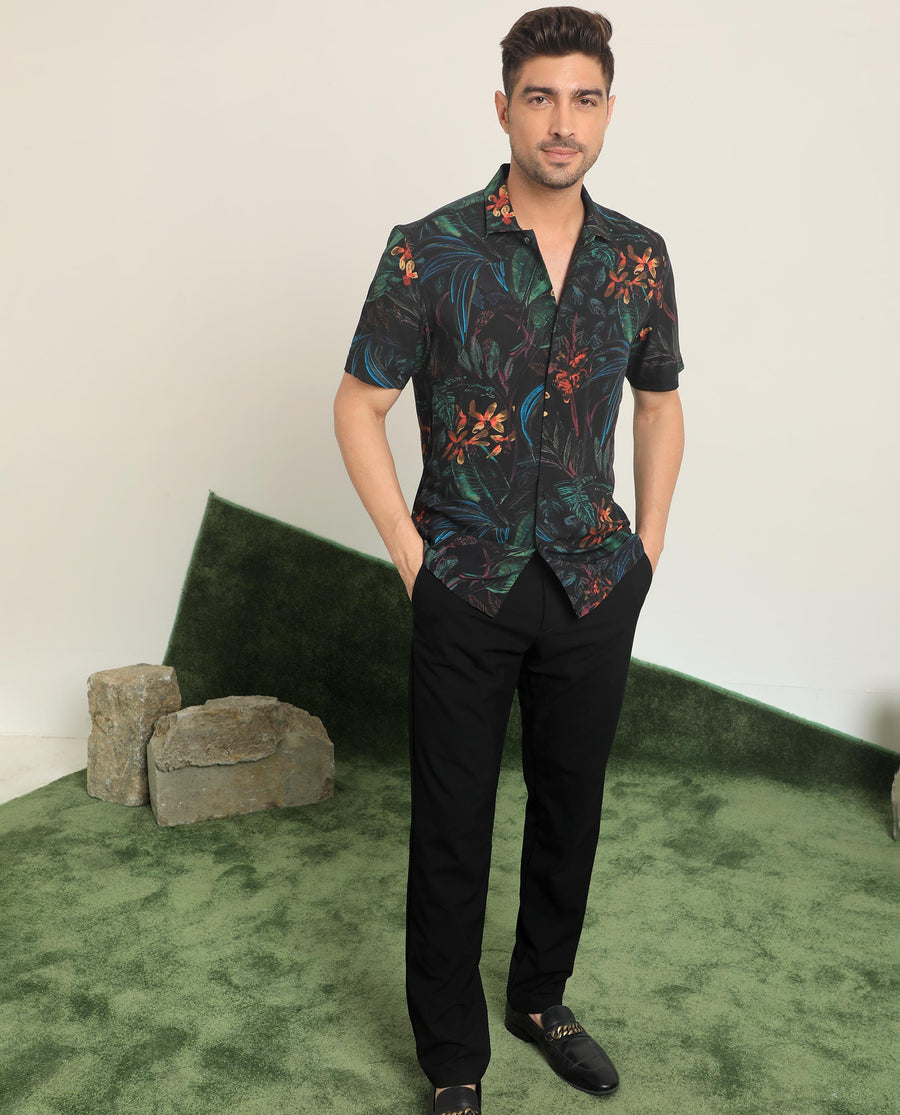 Rare Rabbit Men's Dabney Black Viscose Tropical Print Regular Fit Half Sleeve Collared Shirt