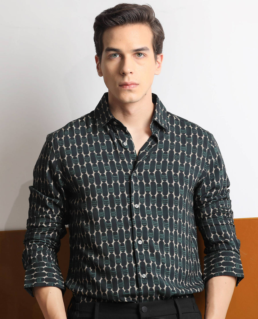 Rare Rabbit Men's Oliver Green Viscose Geometric Print Regular Fit Full Sleeve Collared Shirt