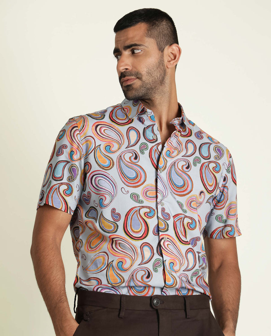 Rare Rabbit Men's Marsh Ss- Blue Viscose Paisley Print Regular Fit Half Sleeve Collared Shirt