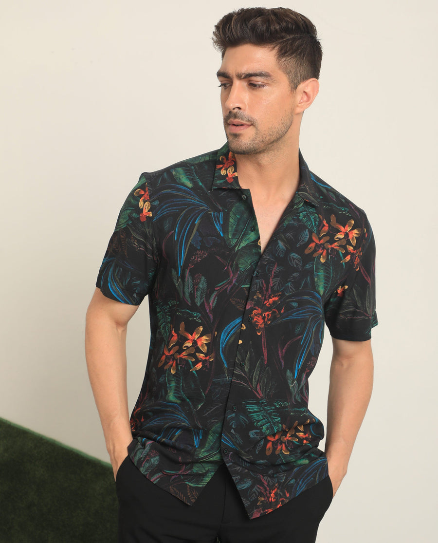 Rare Rabbit Men's Dabney Black Viscose Tropical Print Regular Fit Half Sleeve Collared Shirt