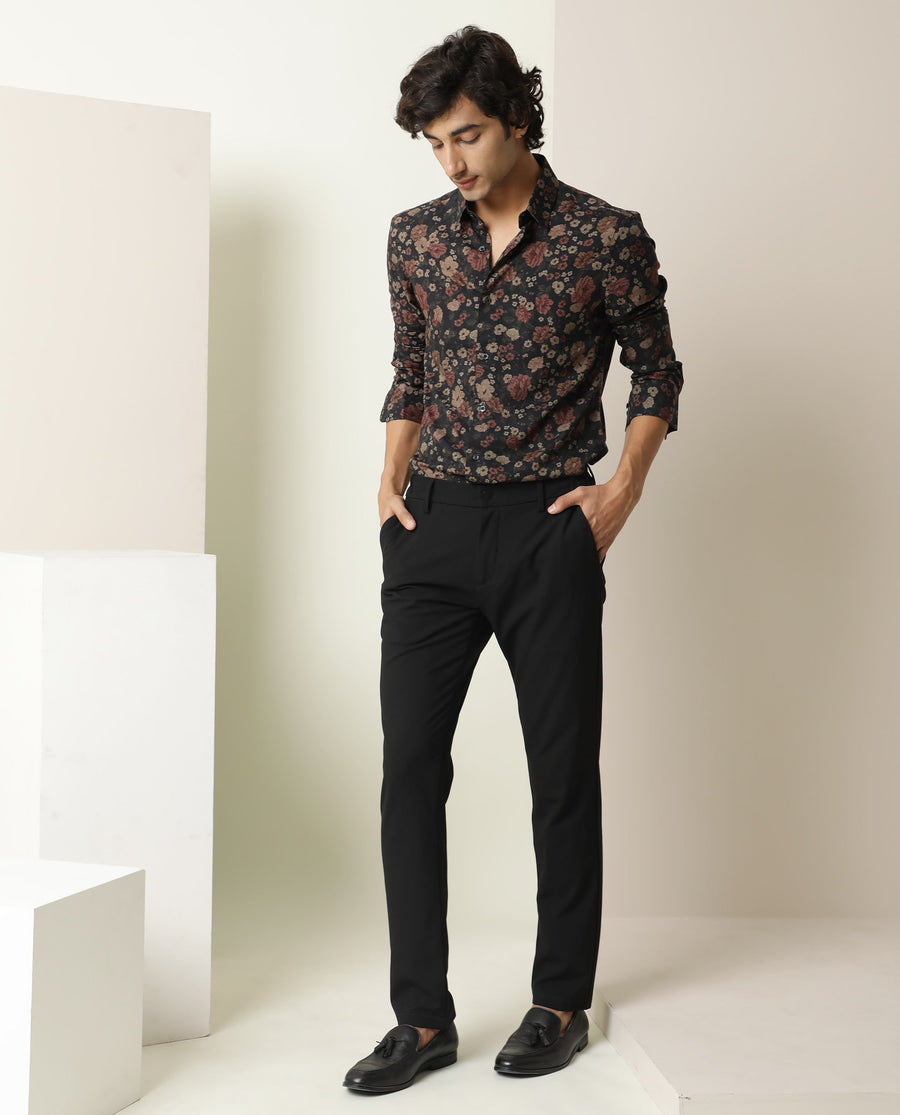 Rare Rabbit Men's Vynill Black Viscose Floral Print Regular Fit Full Sleeve Collared Shirt