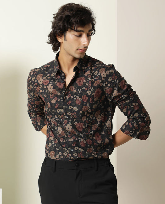 Rare Rabbit Men's Vynill Black Viscose Floral Print Regular Fit Full Sleeve Collared Shirt
